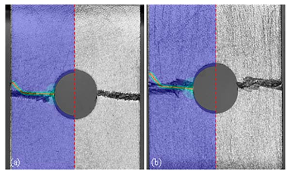 Comparison of experimental and numerical crack paths for (a) 30o off-axis loading and (b) 60o off-axis loading from my publication in IJSS in 2023